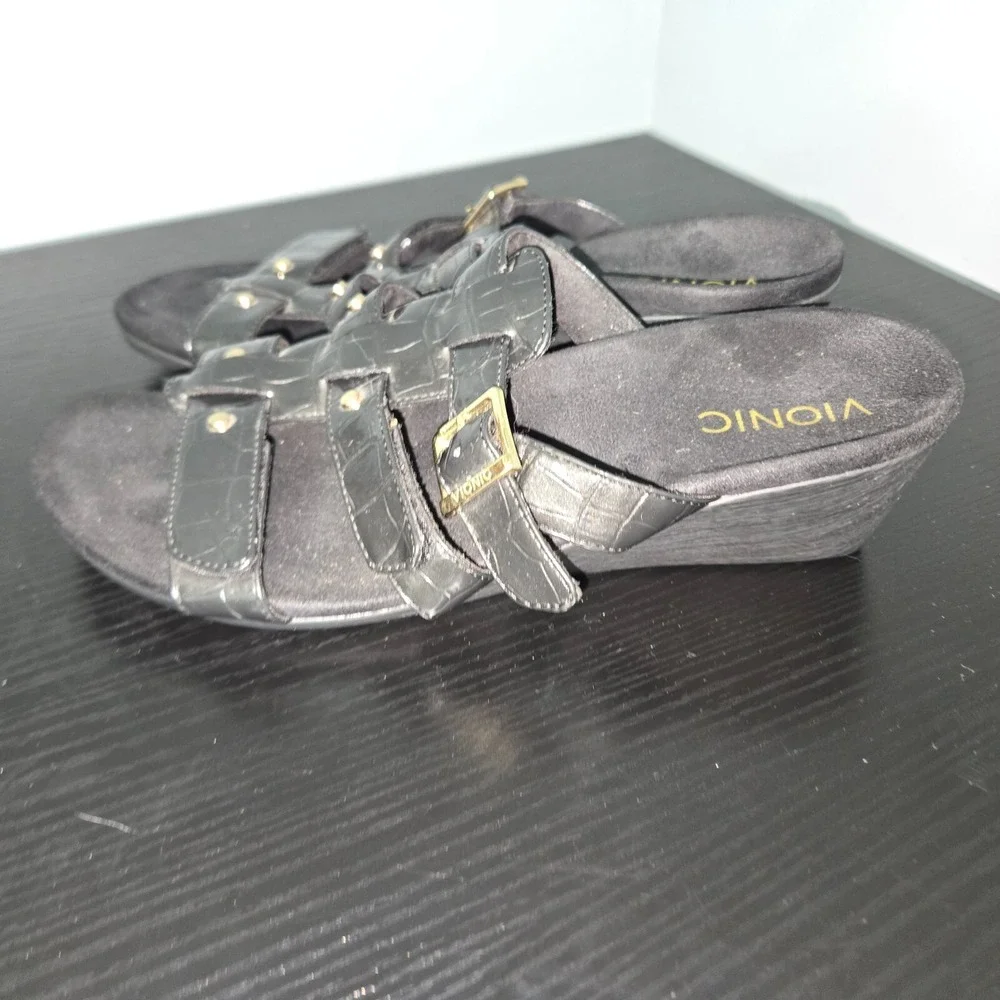Vionic Radia Wedge Sandals Women Sz 9 Black Patent Croco Triple Strap Slide NWOB